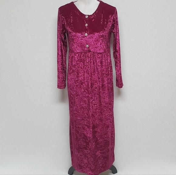 80s Vintage Cervelle Burgundy Crushed Velvet Regencycore Long Sleeve Midi Dress - Picture 4 of 13